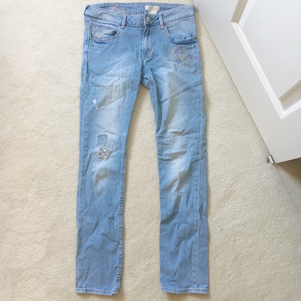 Swedish embroidered patchwork jeans